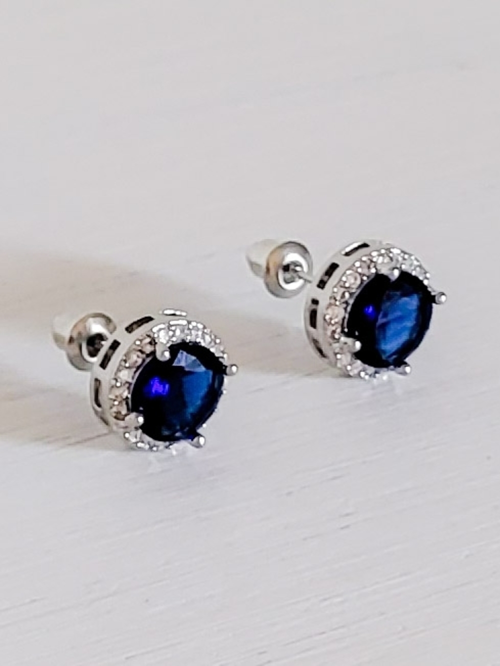 Silver Halo Blue Crystal Stud Earrings - Women Jewelry